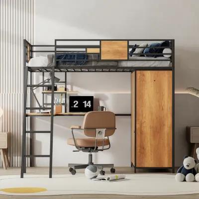 Merax Loft bed with L-shape Desk and Wardrobe