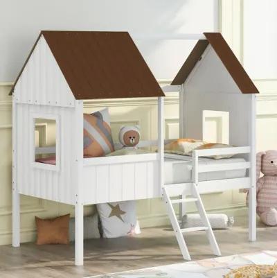 Twin Size Low Loft Wood House Bed With Two Side Windows