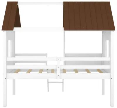 Twin Size Low Loft Wood House Bed With Two Side Windows