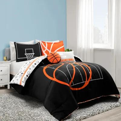 Basketball Game Reversible Oversized 5 Piece Comforter Set - Cozy & Soft Kids Sports Themed Bedding Set - Full/ Queen, Black & Orange