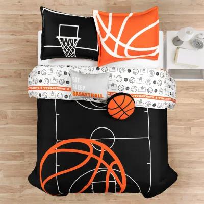 Basketball Game Reversible Oversized 5 Piece Comforter Set - Cozy & Soft Kids Sports Themed Bedding Set - Full/ Queen, Black & Orange