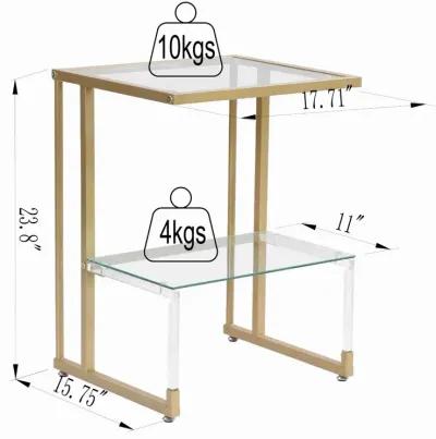 Hivvago 2Tier Acrylic Glass End Table with Golden Side for Living Room