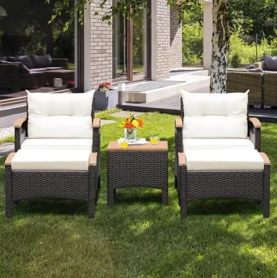 5 Pieces Patio Conversation Set with Cushions Coffee Table and 2 Ottomans