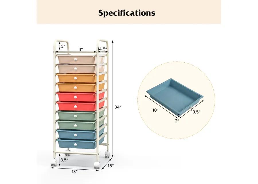 10 Drawer Rolling Storage Cart Organizer with 4 Universal Casters