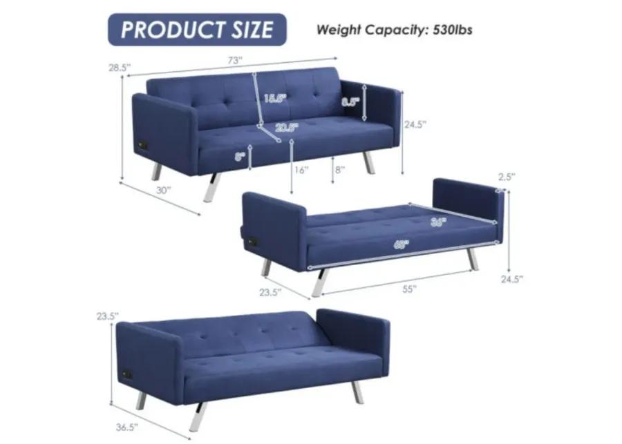 3 Seat Convertible Linen Fabric Futon Sofa with USB and Power Strip