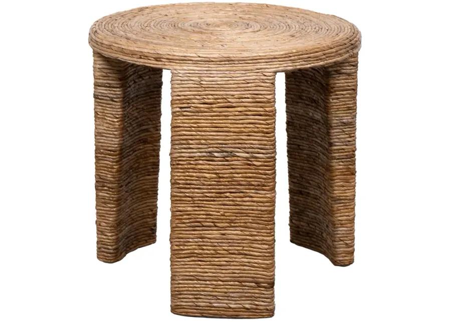 Asha 22 Inch Side End Table, Round Shaped Top with Natural Rattan Wrapping - Benzara