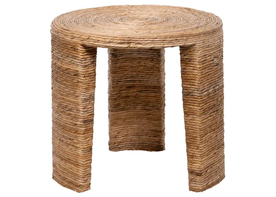 Asha 22 Inch Side End Table, Round Shaped Top with Natural Rattan Wrapping - Benzara