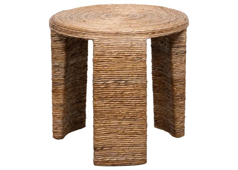 Asha 22 Inch Side End Table, Round Shaped Top with Natural Rattan Wrapping - Benzara