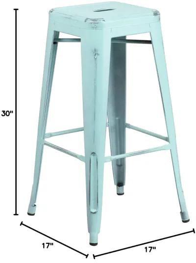 Flash Furniture Kai Commercial Grade 30" High Backless Distressed Green-Blue Metal Indoor-Outdoor Barstool