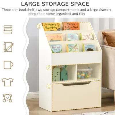 White Kids' Bookshelf: Multi-Shelf Organizer with Drawer