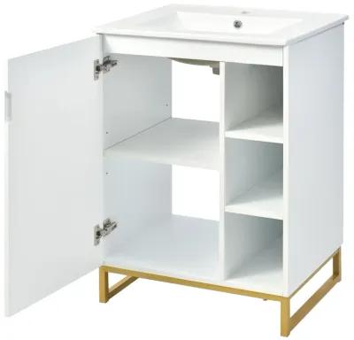 24inch Bathroom Vanity with Sink,Modern Bathroom Vanity Set,with Ceramic Sink,Gold Legs and Semi-Open Storage,for Small Space Bathroom(White)