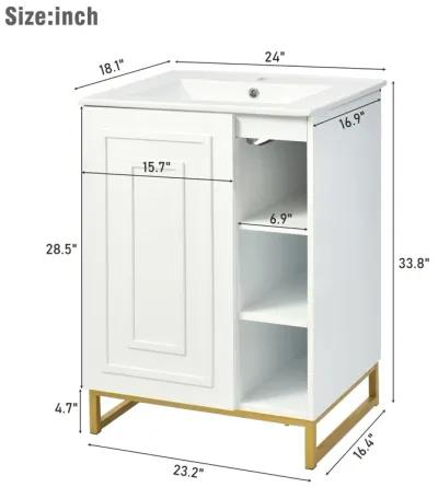 24inch Bathroom Vanity with Sink,Modern Bathroom Vanity Set,with Ceramic Sink,Gold Legs and Semi-Open Storage,for Small Space Bathroom(White)