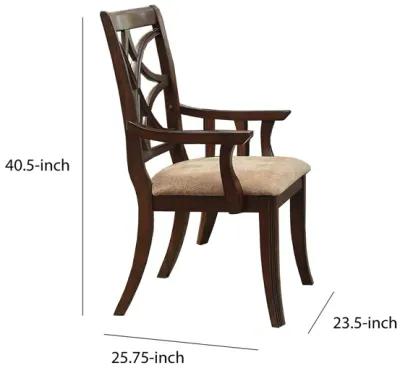 Solid Wooden Arm Chair With Beige Fabric Seat, Cherry Brown & Beige (Set Of 2)-Benzara