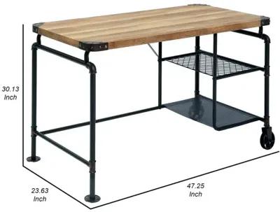 47 Inch Writing Desk, Industrial Caster Wheel, Black Metal, Brown Wood - Benzara