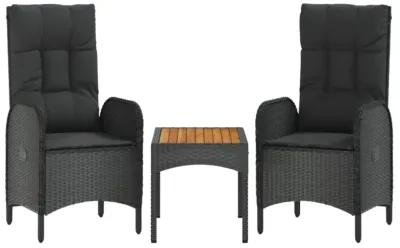 vidaXL 3 Piece Patio Lounge Set with Cushions Black Poly Rattan