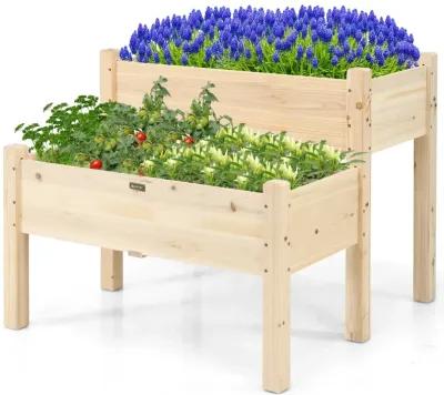 2 Tier Wooden Elevated Planter Box with Legs and Drain Holes for Balcony and Yard