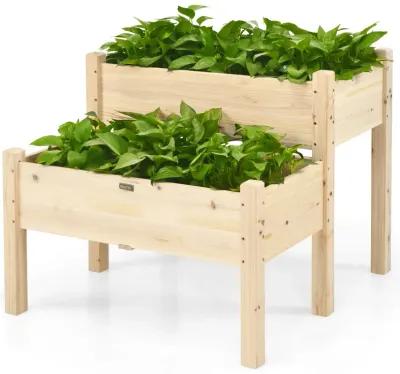 2 Tier Wooden Elevated Planter Box with Legs and Drain Holes for Balcony and Yard