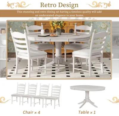 5-Piece Retro Functional Dining Table Set Wood Round Extendable Dining Table And 4