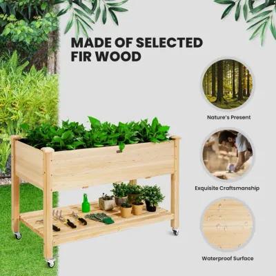 Wood Elevated Planter Bed with Lockable Wheels Shelf and Liner