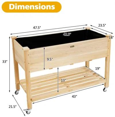 Wood Elevated Planter Bed with Lockable Wheels Shelf and Liner