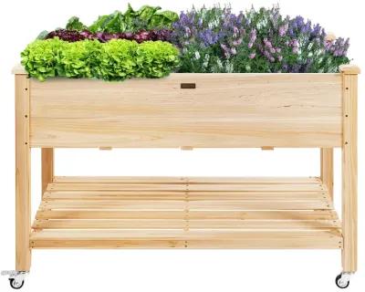 Wood Elevated Planter Bed with Lockable Wheels Shelf and Liner