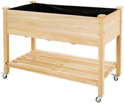 Wood Elevated Planter Bed with Lockable Wheels Shelf and Liner