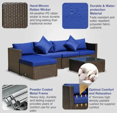 Blue Outdoor Lounge: 6PC Rattan Sofa Set with Coffee Table