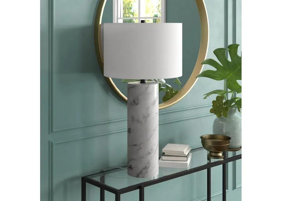 HomeRoots 30 White Marble Cylinder Table Lamp With White Drum Shade