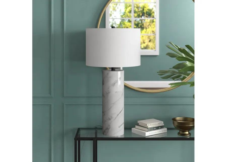 HomeRoots 30 White Marble Cylinder Table Lamp With White Drum Shade