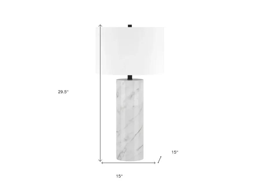 HomeRoots 30 White Marble Cylinder Table Lamp With White Drum Shade