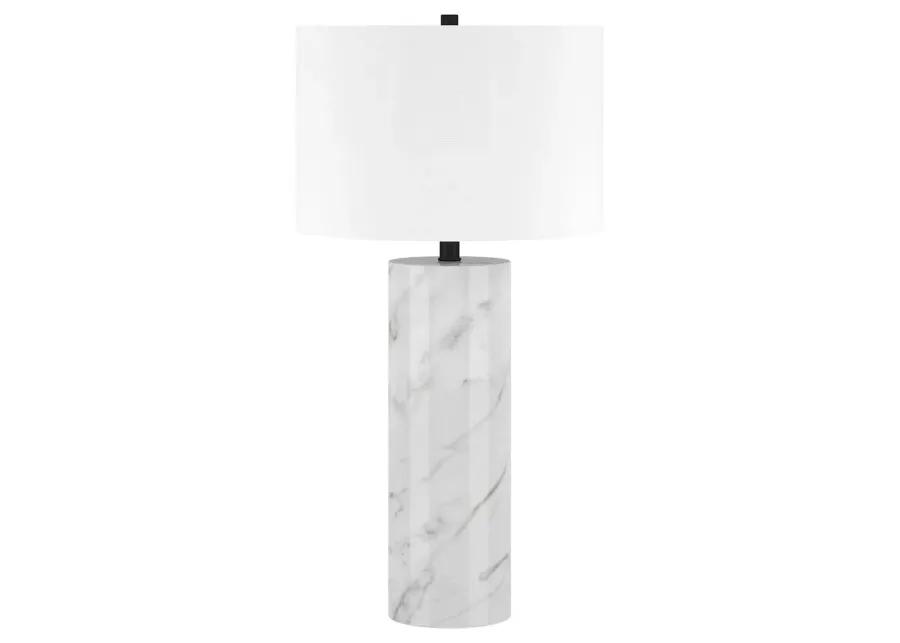 HomeRoots 30 White Marble Cylinder Table Lamp With White Drum Shade