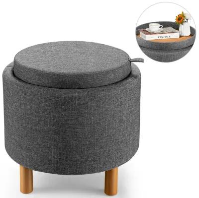 Round Fabric Storage Ottoman with Tray and Non-Slip Pads for Bedroom