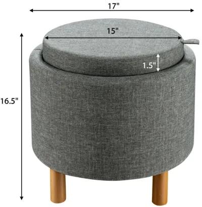 Round Fabric Storage Ottoman with Tray and Non-Slip Pads for Bedroom