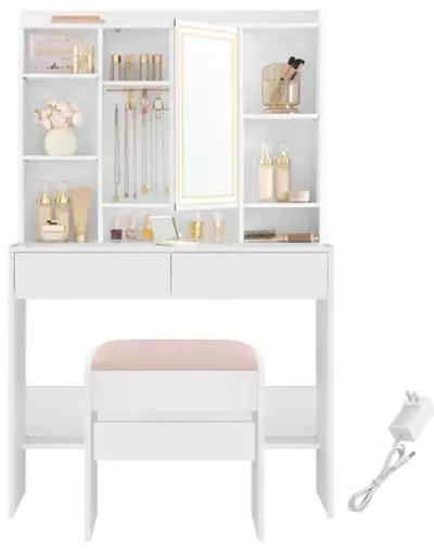 Vanity Desk with Mirror and Lights, Makeup Vanity with Upholstered Vanity Stool