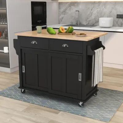 Rolling Kitchen Cart with Drop-Leaf Countertop & Barn Door