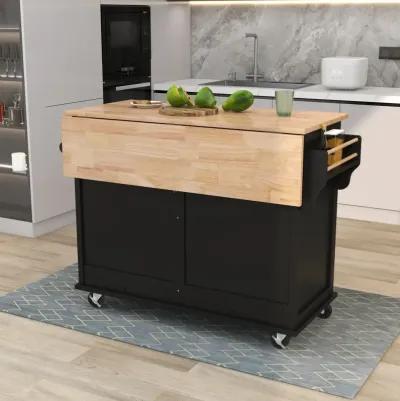 Rolling Kitchen Cart with Drop-Leaf Countertop & Barn Door