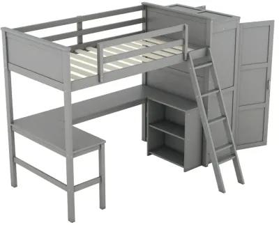 Twin Size Loft Bed With Desk, Shelves And Wardrobe