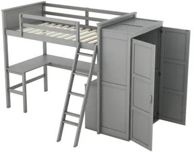 Twin Size Loft Bed With Desk, Shelves And Wardrobe