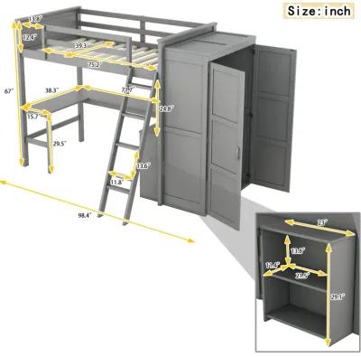 Twin Size Loft Bed With Desk, Shelves And Wardrobe