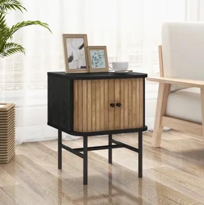 Mid-century Modern Nightstand with Sliding Doors and Storage Cabinet