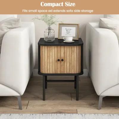 Mid-century Modern Nightstand with Sliding Doors and Storage Cabinet