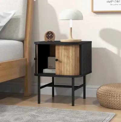 Mid-century Modern Nightstand with Sliding Doors and Storage Cabinet