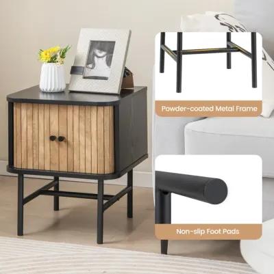 Mid-century Modern Nightstand with Sliding Doors and Storage Cabinet