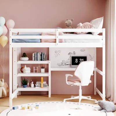 Full Size Wooden Loft Bed With Shelves, Desk And Writing Board