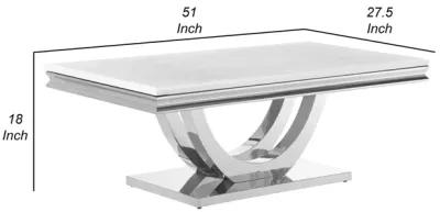 Kas 51 Inch Rectangular Coffee Table, White Stone Top, Polished Chrome Base - Benzara