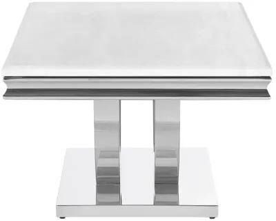 Kas 51 Inch Rectangular Coffee Table, White Stone Top, Polished Chrome Base - Benzara