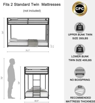 Twin over Twin Metal Bunk Bed Frame, Durable Square Tube Frame, Full-Length Guardrails, Easy Assembly, No Box Spring Needed, Black