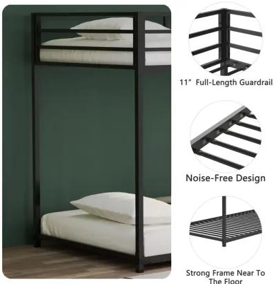 Twin over Twin Metal Bunk Bed Frame, Durable Square Tube Frame, Full-Length Guardrails, Easy Assembly, No Box Spring Needed, Black