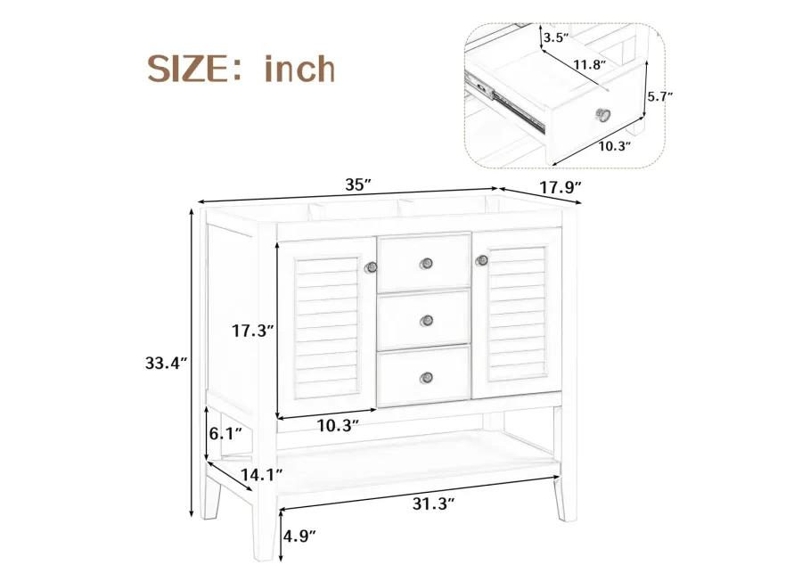 36" Bathroom Vanity, Cabinet Base Only, Solid Wood Frame