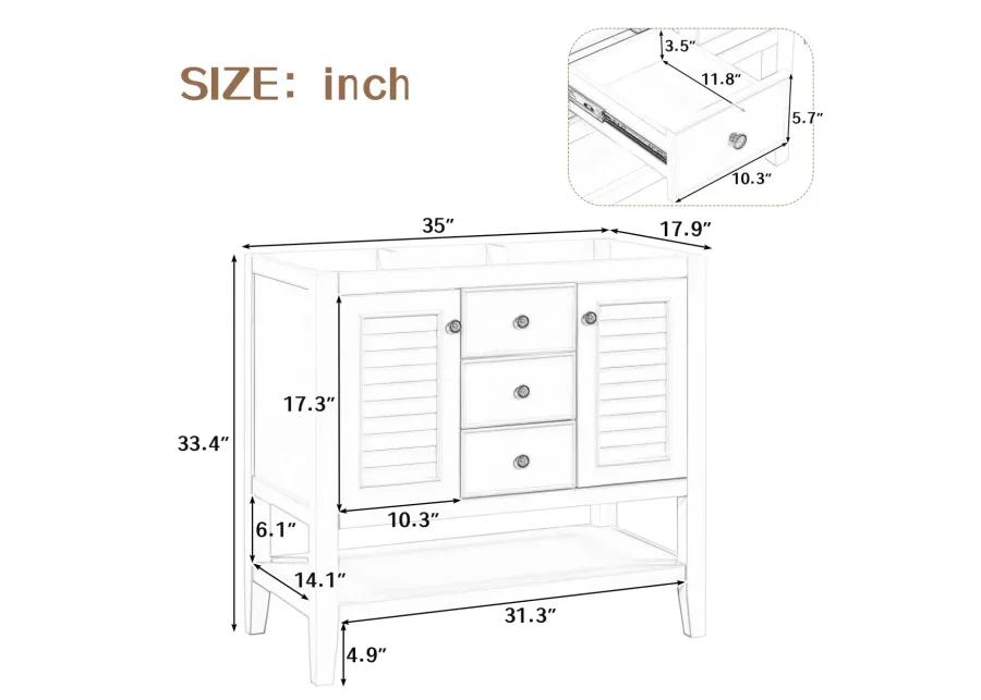 36" Bathroom Vanity, Cabinet Base Only, Solid Wood Frame